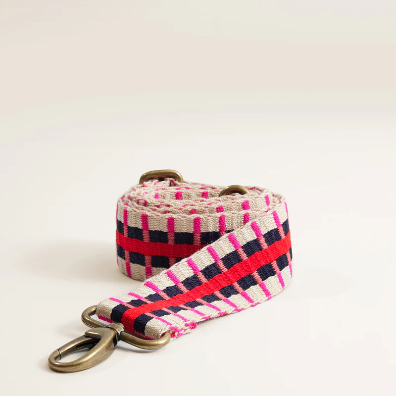 Adjustable Hand-Woven Crossbody Strap - Pink, Red, and Neutral Stripe Pattern - Image 3