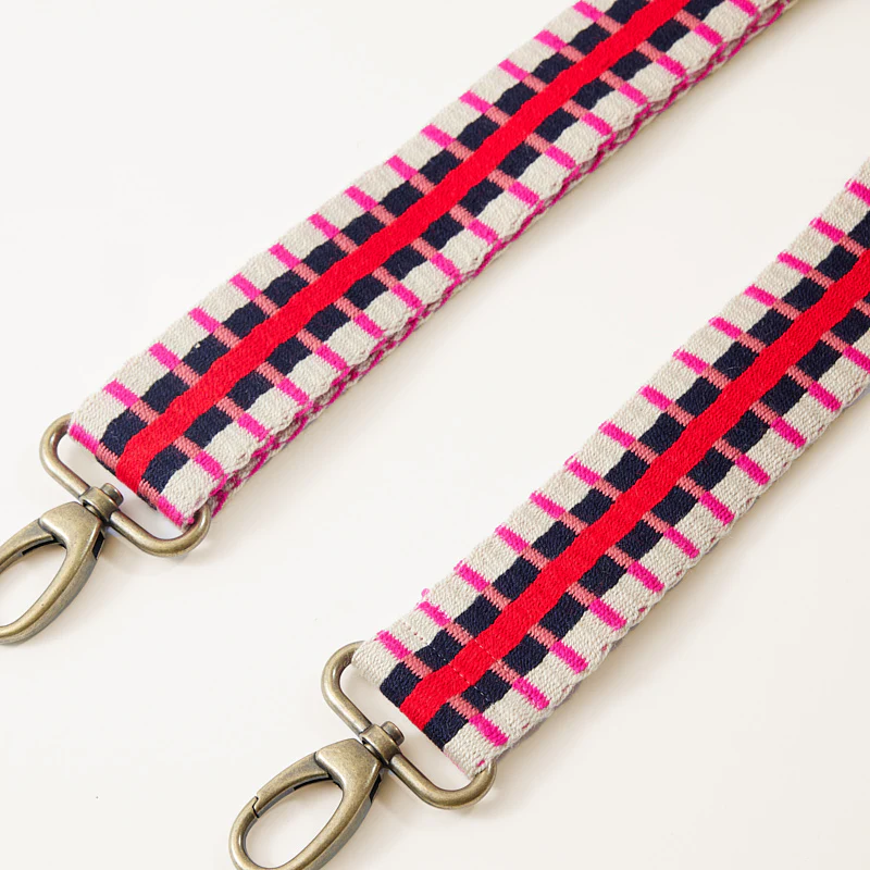 Adjustable Hand-Woven Crossbody Strap - Pink, Red, and Neutral Stripe Pattern - Image 4
