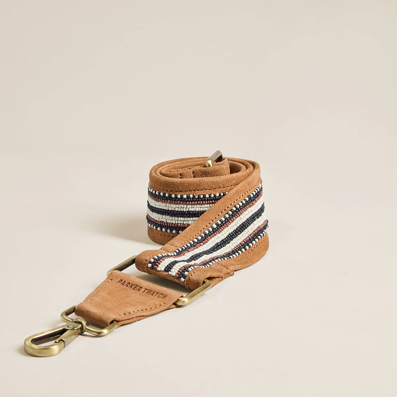 Beaded and Suede Crossbody Strap - Black, Brown & White Pattern - Image 3