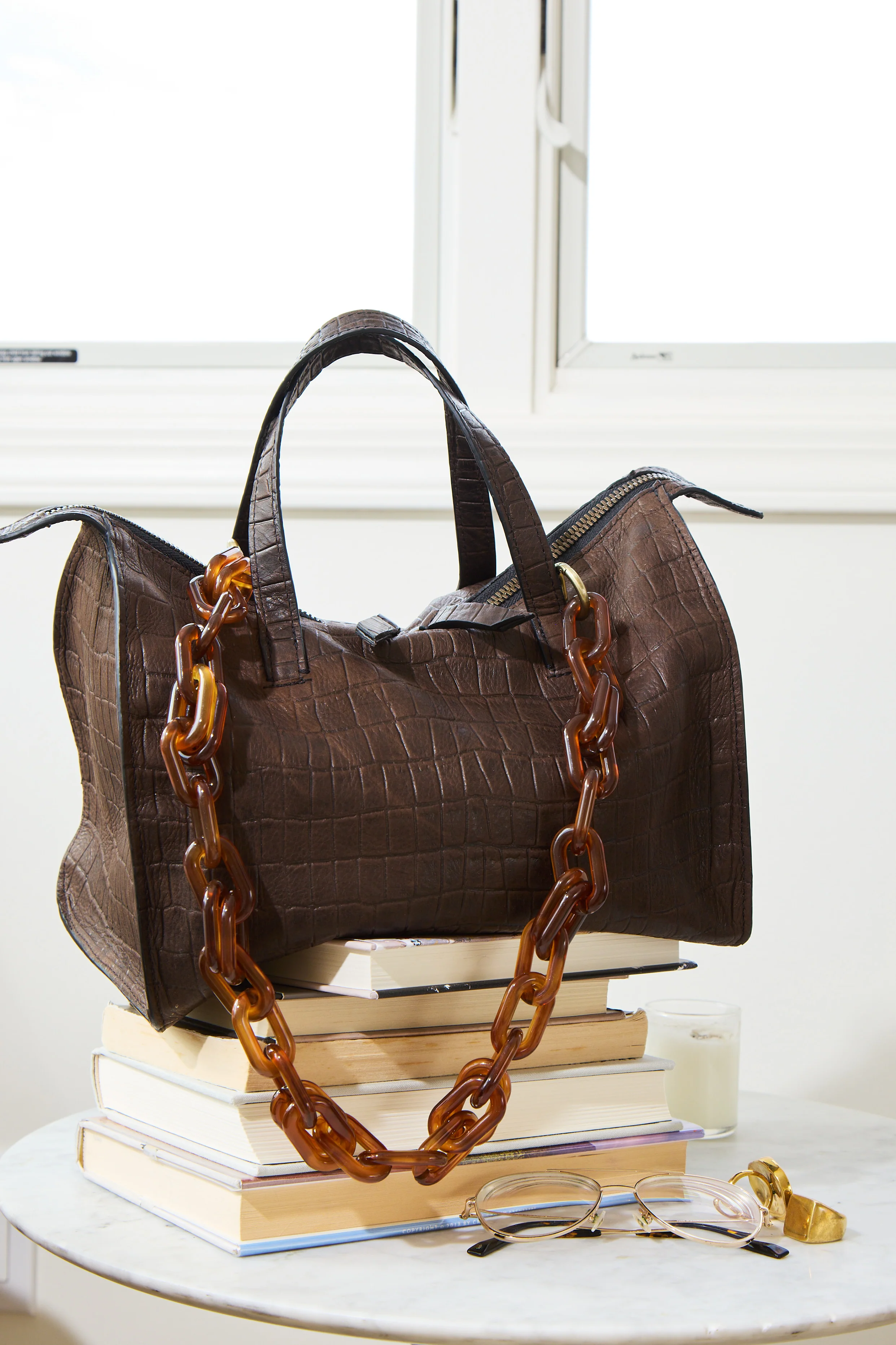 Zoe Satchel - "Broken-In" Leather Croc Chocolate - Image 5